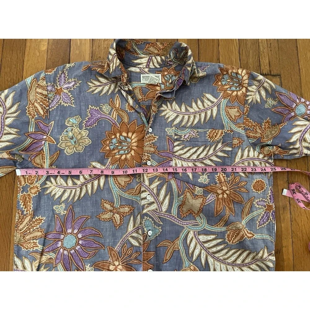 Vtg Y2K Banana Republic Men's Med Blue Floral Hawaiian Aloha Shirt 100% Cotton L